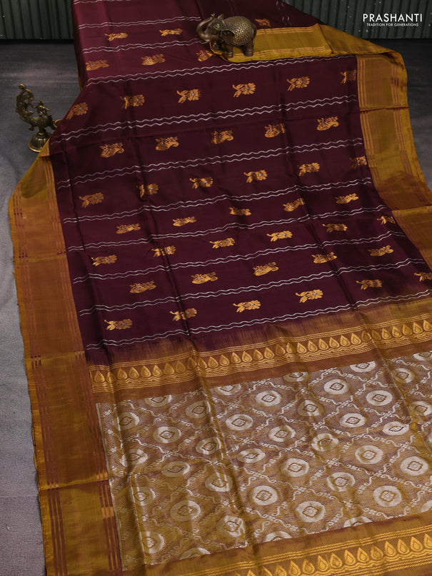 Pure uppada silk saree deep maroon and mustard yellow with allover zari weaves and rettapet zari woven border