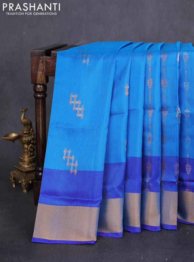 Pure uppada silk saree cs blue and blue with allover zari weaves and zari woven border