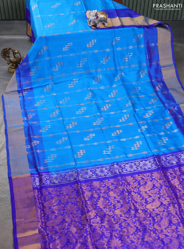 Pure uppada silk saree cs blue and blue with allover zari weaves and zari woven border