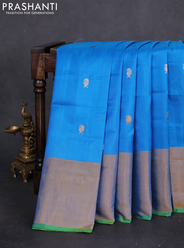 Pure uppada silk saree cs blue and light green with silver & gold zari woven buttas and zari woven border