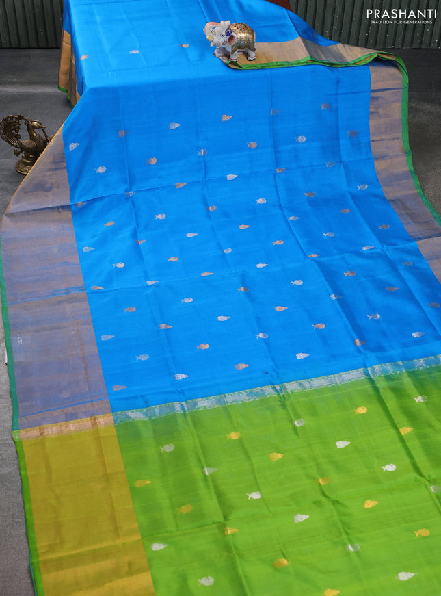 Pure uppada silk saree cs blue and light green with silver & gold zari woven buttas and zari woven border