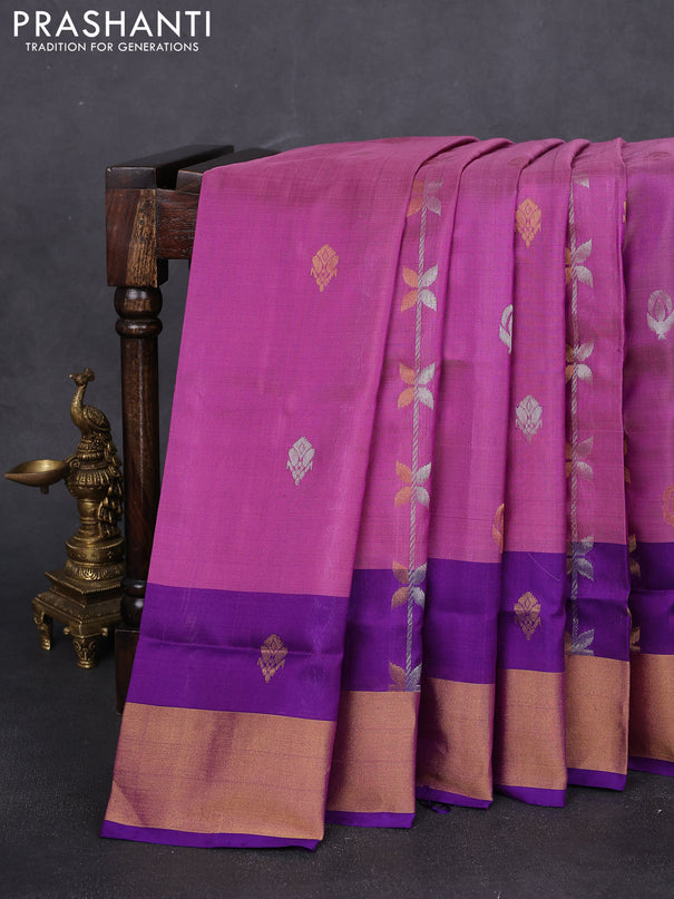 Pure uppada silk saree purple and violet with allover silver & gold zari weaves and zari woven border