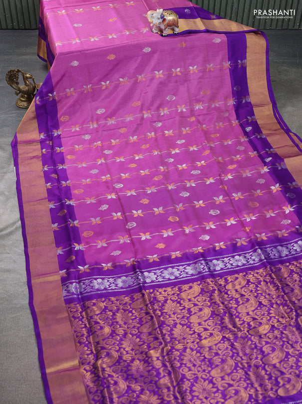 Pure uppada silk saree purple and violet with allover silver & gold zari weaves and zari woven border