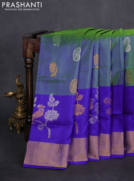 Pure uppada silk saree dual shade of greenish blue and blue with silver & gold zari woven buttas and zari woven border