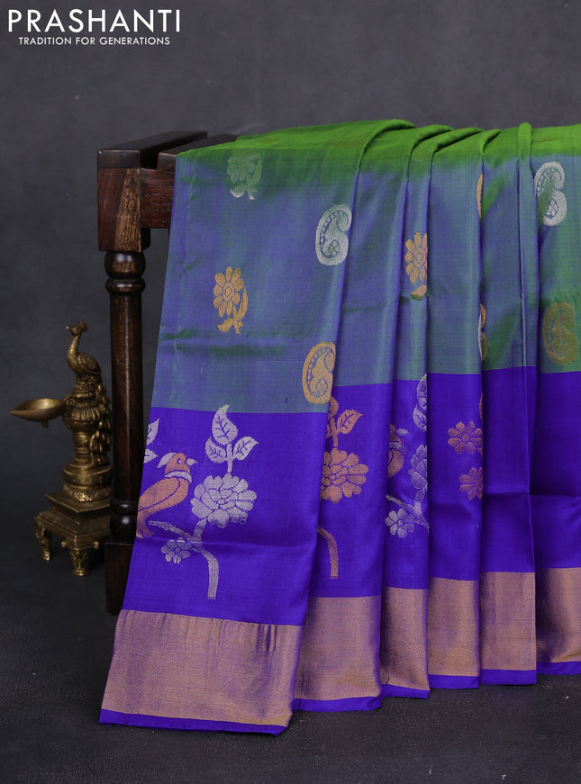 Pure uppada silk saree dual shade of greenish blue and blue with silver & gold zari woven buttas and zari woven border