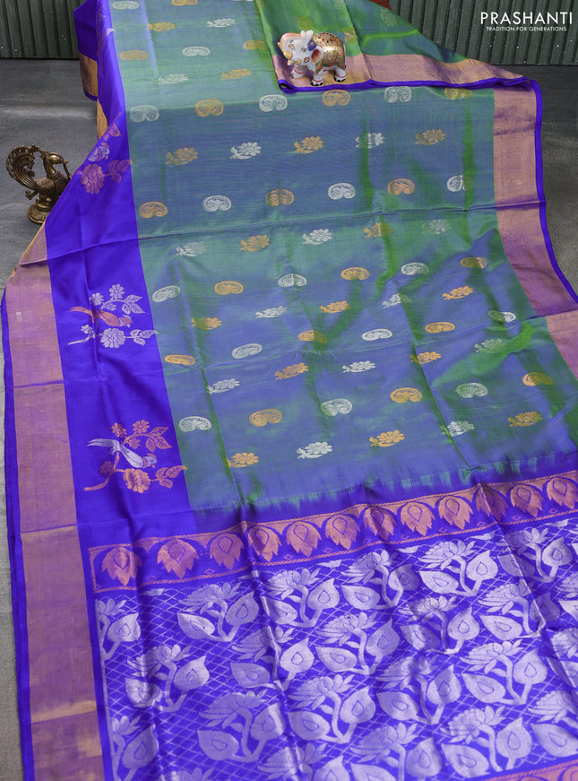 Pure uppada silk saree dual shade of greenish blue and blue with silver & gold zari woven buttas and zari woven border