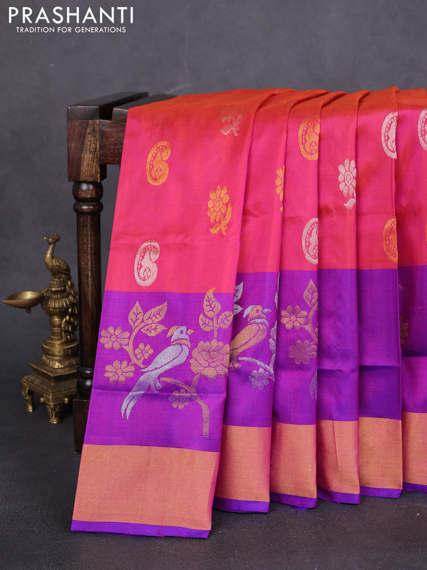 Pure uppada silk saree dual shade of pink and violet with silver & gold zari woven buttas and zari woven border