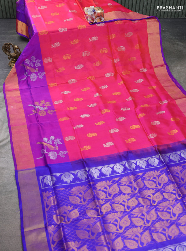 Pure uppada silk saree dual shade of pink and violet with silver & gold zari woven buttas and zari woven border