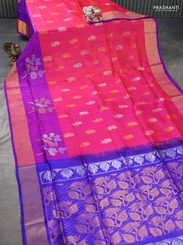 Pure uppada silk saree dual shade of pink and violet with silver & gold zari woven buttas and zari woven border