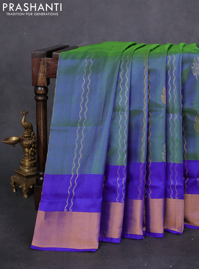 Pure uppada silk saree dual shade of greenish blue and blue with allover zari weaves silver & gold buttas and zari woven border