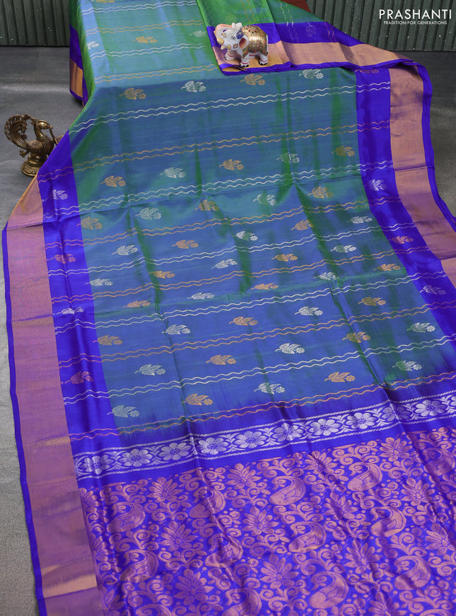 Pure uppada silk saree dual shade of greenish blue and blue with allover zari weaves silver & gold buttas and zari woven border