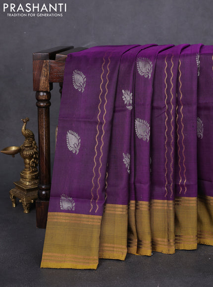 Pure uppada silk saree violet and sap green with allover zari weaves & silver buttas and rettapet zari woven border