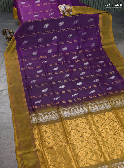 Pure uppada silk saree violet and sap green with allover zari weaves & silver buttas and rettapet zari woven border