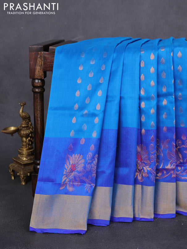Pure uppada silk saree cs blue and blue with allover zari woven thilak butta and zari woven border