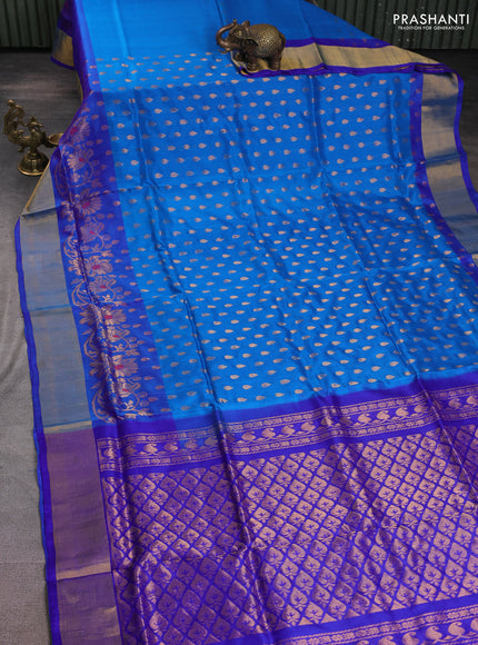 Pure uppada silk saree cs blue and blue with allover zari woven thilak butta and zari woven border