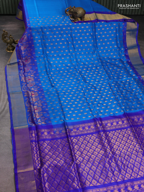 Pure uppada silk saree cs blue and blue with allover zari woven thilak butta and zari woven border