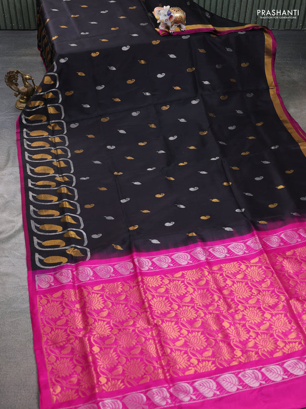 Pure uppada silk saree black and pink with zari woven paisley buttas and zari woven border