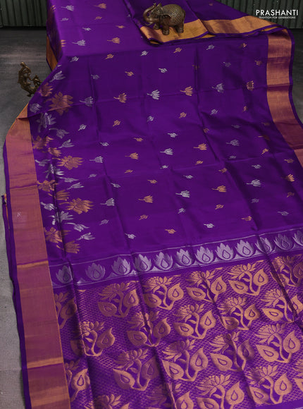 Pure uppada silk saree violet with silver & gold zari woven buttas and zari woven border
