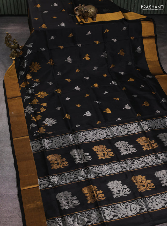 Pure uppada silk saree black with silver & gold zari woven buttas and zari woven border