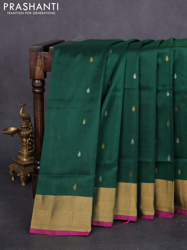 Pure uppada silk saree bottle green and pink with silver & gold zari woven tilak buttas and zari woven border