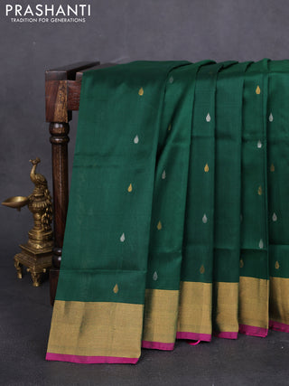 Pure uppada silk saree bottle green and pink with silver & gold zari woven tilak buttas and zari woven border