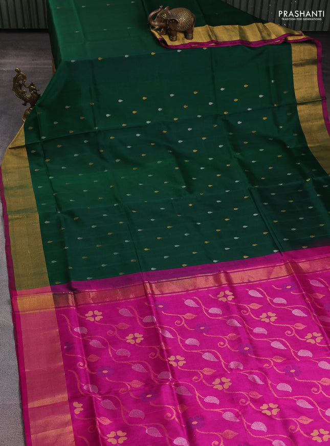 Pure uppada silk saree bottle green and pink with silver & gold zari woven tilak buttas and zari woven border