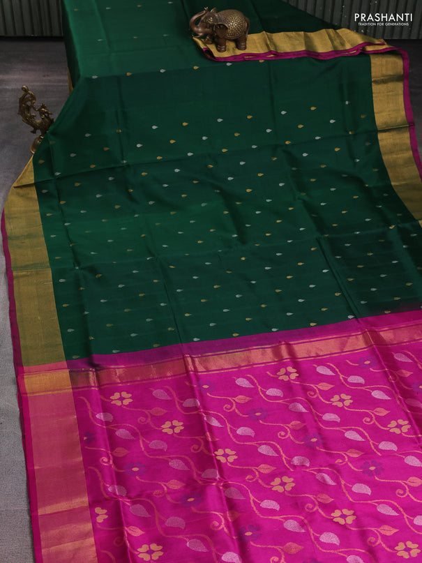 Pure uppada silk saree bottle green and pink with silver & gold zari woven tilak buttas and zari woven border
