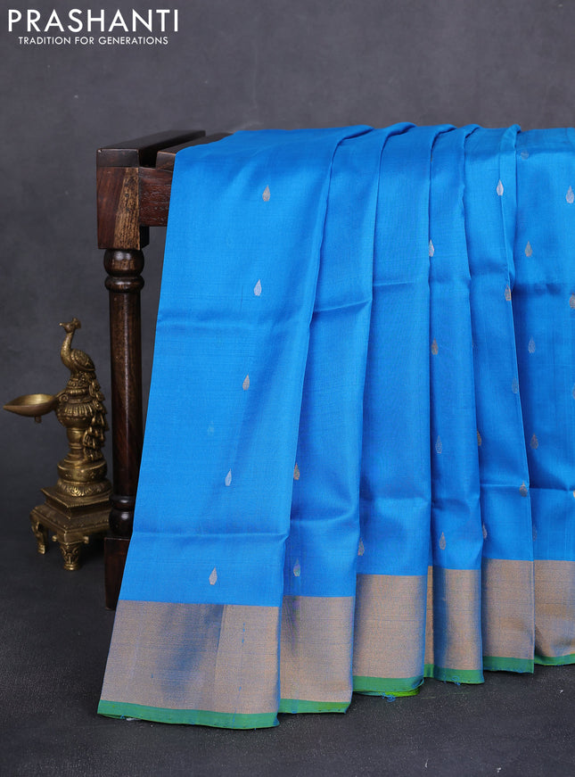 Pure uppada silk saree cs blue and dual shade of greenish blue with silver & gold zari woven tilak buttas and zari woven border