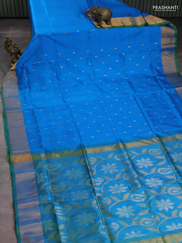 Pure uppada silk saree cs blue and dual shade of greenish blue with silver & gold zari woven tilak buttas and zari woven border