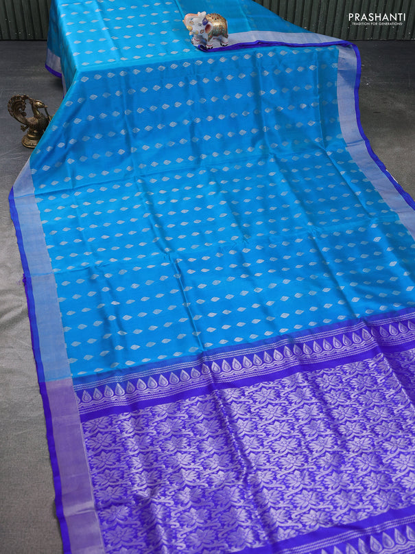 Pure uppada silk saree cs blue and blue with silver zari woven buttas and silver zari woven border