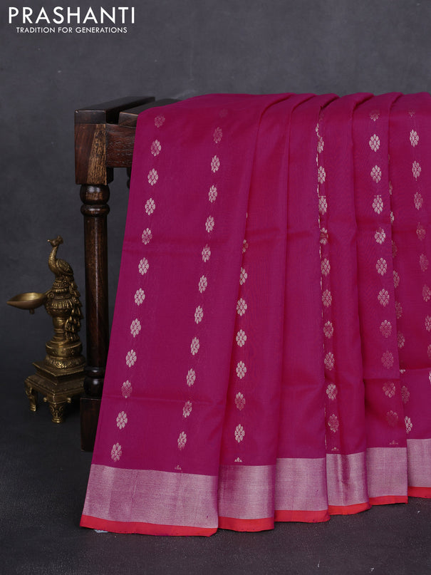 Pure uppada silk saree pink and dual shade of pinkish orange with silver zari woven buttas and silver zari woven border