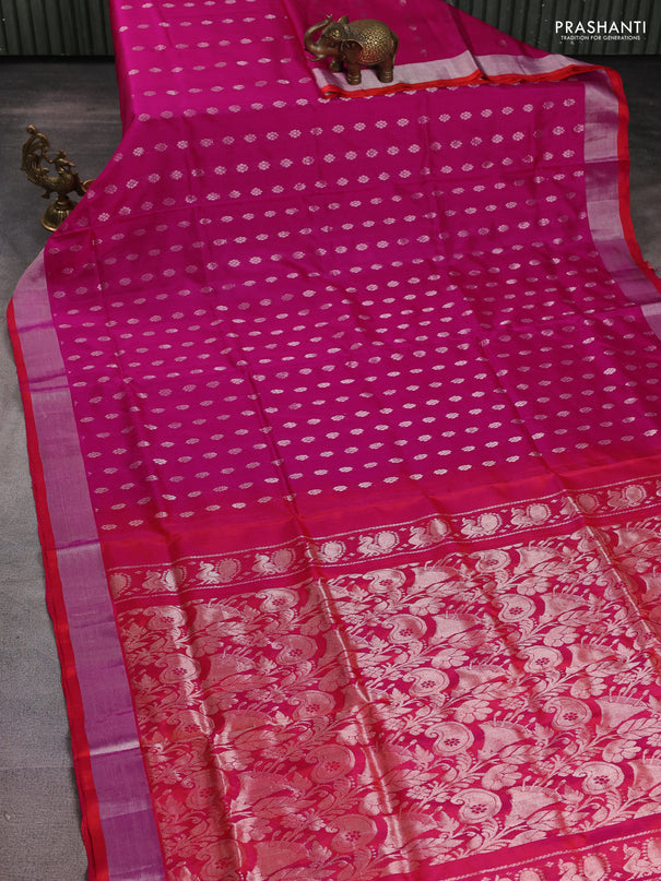 Pure uppada silk saree pink and dual shade of pinkish orange with silver zari woven buttas and silver zari woven border
