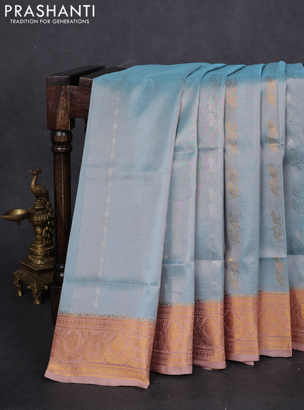Pure uppada silk saree light blue and beige with allover silver & gold zari weaves and zari woven border