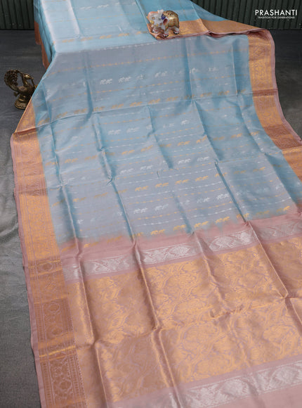 Pure uppada silk saree light blue and beige with allover silver & gold zari weaves and zari woven border