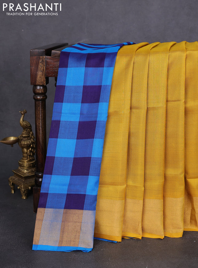 Pure uppada partly silk saree yellow and teal blue with plain body and zari woven border