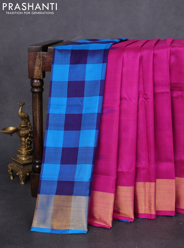 Pure uppada partly silk saree pink and blue with plain body and zari woven border