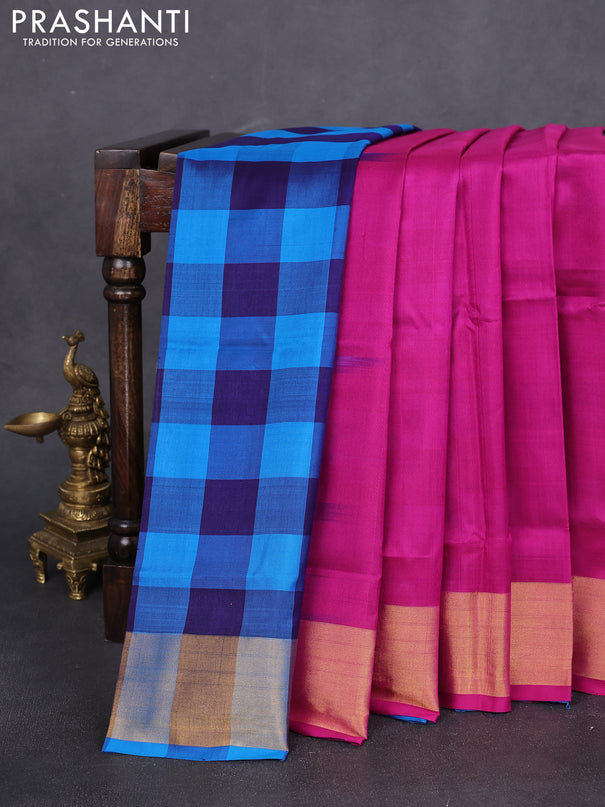 Pure uppada partly silk saree pink and blue with plain body and zari woven border