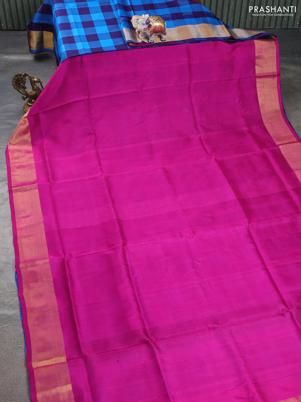 Pure uppada partly silk saree pink and blue with plain body and zari woven border