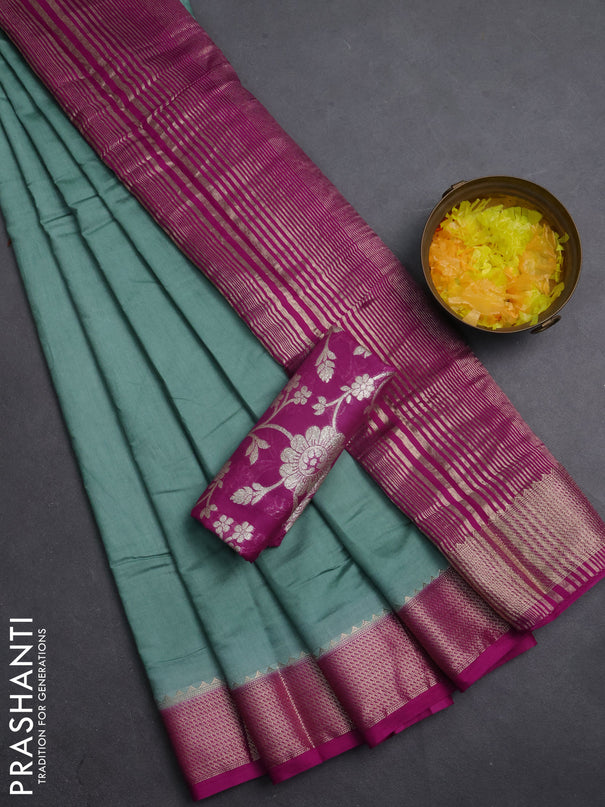 Semi mangalgiri saree pastel green and purple with plain body and zari woven border