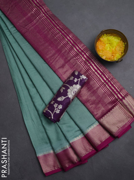Semi mangalgiri saree pastel green and violet with plain body and zari woven border