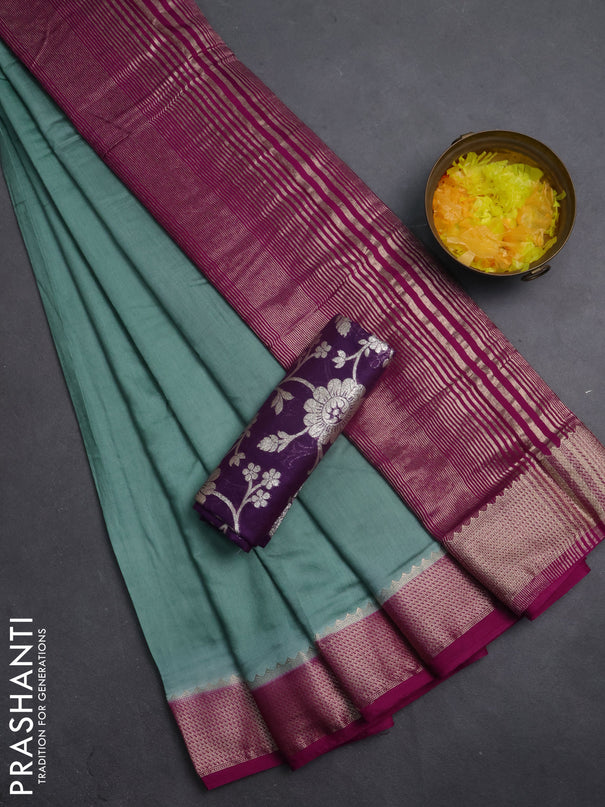 Semi mangalgiri saree pastel green and violet with plain body and zari woven border