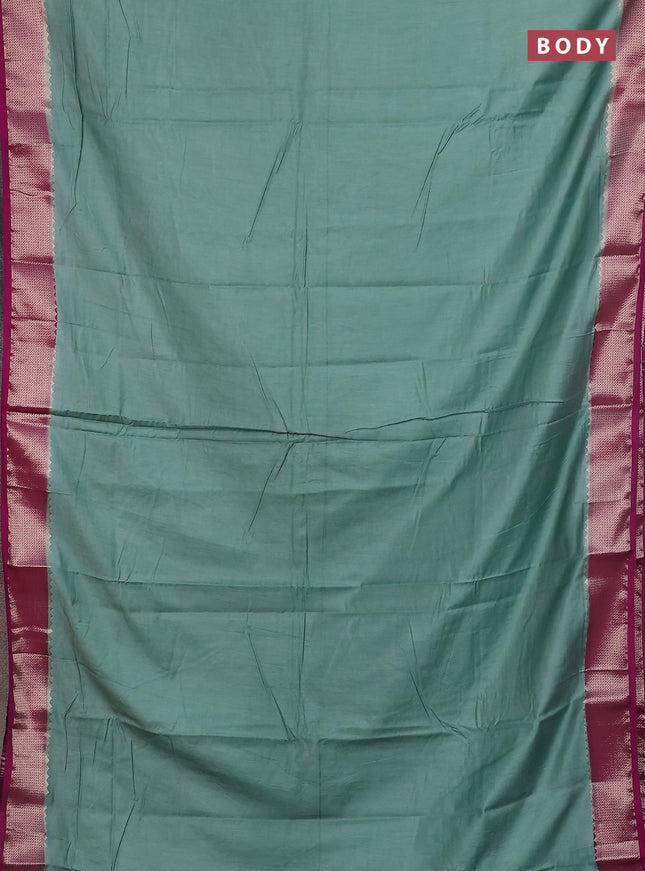 Semi mangalgiri saree pastel green and violet with plain body and zari woven border