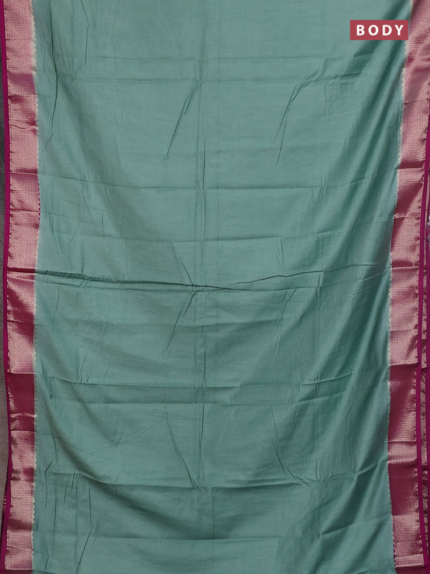 Semi mangalgiri saree pastel green and violet with plain body and zari woven border
