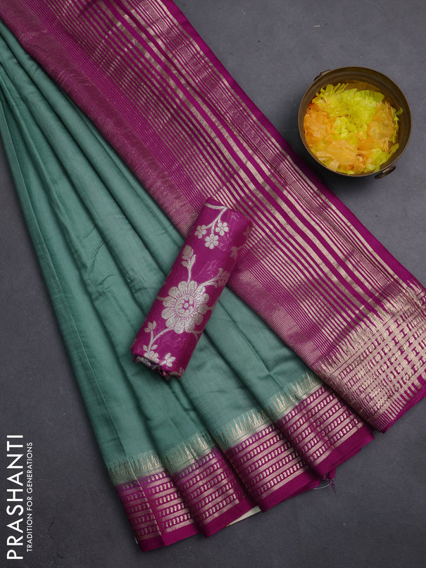 Semi mangalgiri saree pastel green and violet with plain body and zari woven border
