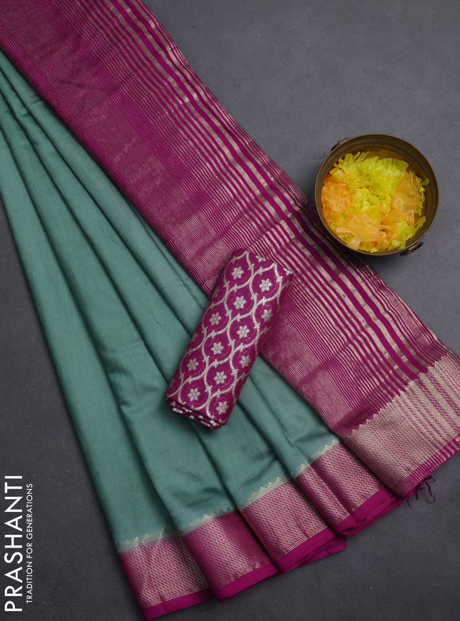 Semi mangalgiri saree pastel green and purple with plain body and zari woven border