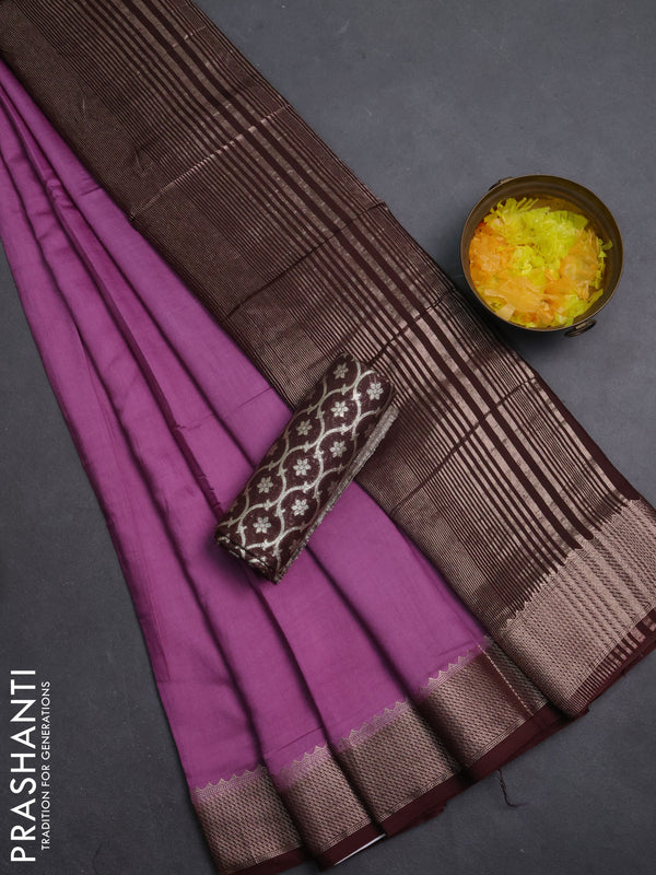 Semi mangalgiri saree mauve pink and brown with plain body and zari woven border