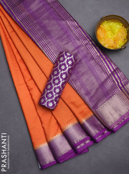 Semi mangalgiri saree orange and purple with plain body and zari woven border