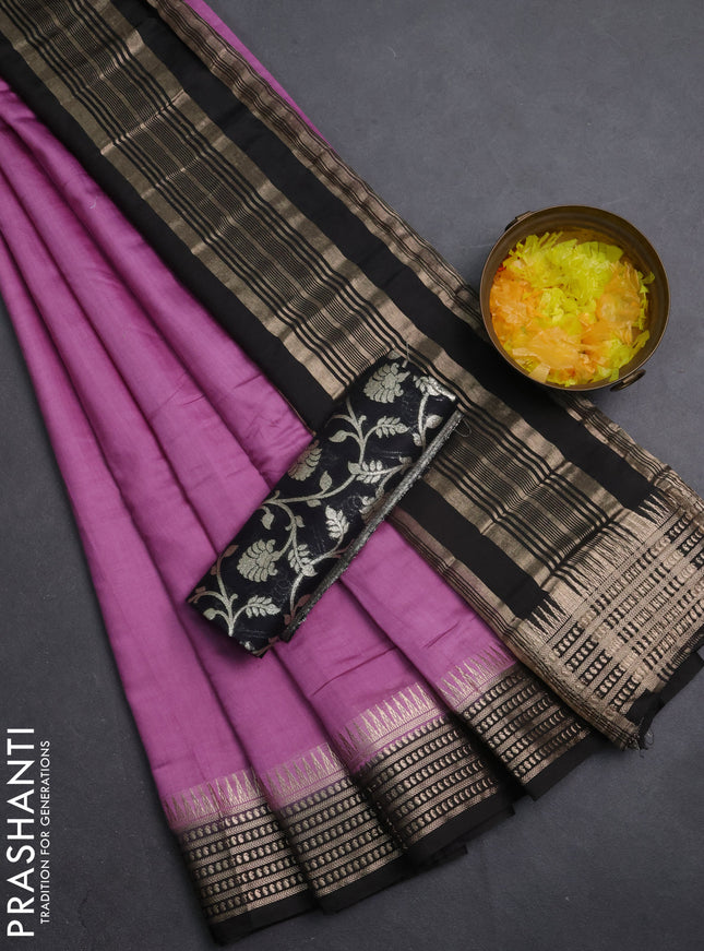 Semi mangalgiri saree mauve pink and black with plain body and zari woven border