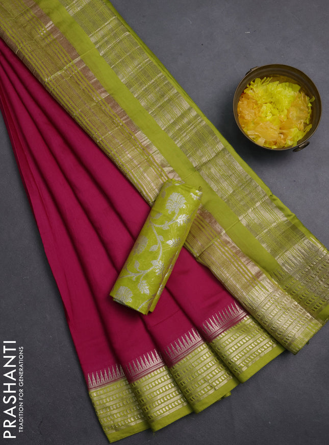 Semi mangalgiri saree pink and light green with plain body and zari woven border