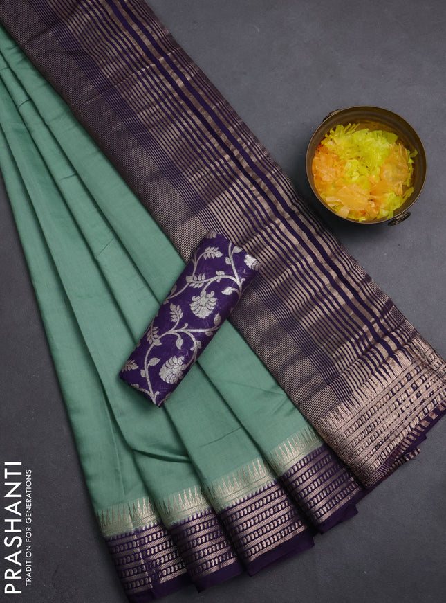 Semi mangalgiri saree pastel green and purple with plain body and zari woven border